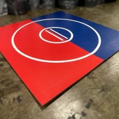 AK Athletic Equipment CLEARANCE 114" X 118" X1.38" Roll Up Wrestling Mat Red And Blue, White Circles
