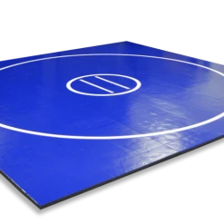 AK Athletic Equipment 18' X 18' X 1 3/8" Roll-Up Wrestling Mat -Tumbl Trak shop blue wrestling mat with white circles