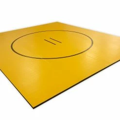 AK Athletic Equipment Yellow 176” X 17’ 3/4” X 1 3/8" Roll-Up Wrestling Mat With Black Circles